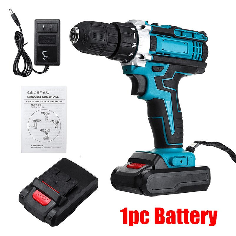Taladro Inalámbrico 3 en 1 de 48V, destornillador eléctrico de doble velocidad, 18 + 2 controladores de potencia de torsión con 1/2 piezas, batería recargable de iones de litio: Bule 1 battery