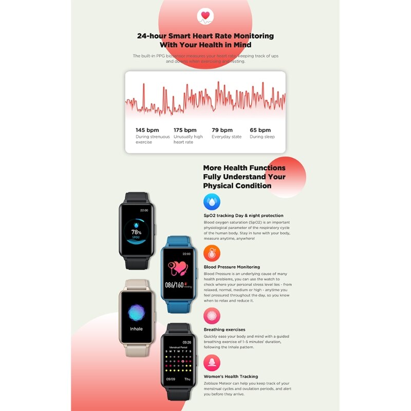 Zeblaze – montre connectée Meteor, moniteur d'activité physique, de pression artérielle et de fréquence cardiaque, rappel de sédentarité