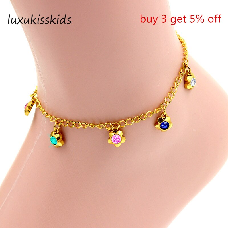 Luxukisskids moda pulseiras de aço inoxidável & bangles forma flor brilhante colorido cristal strass pulseira de ouro tornozeleira