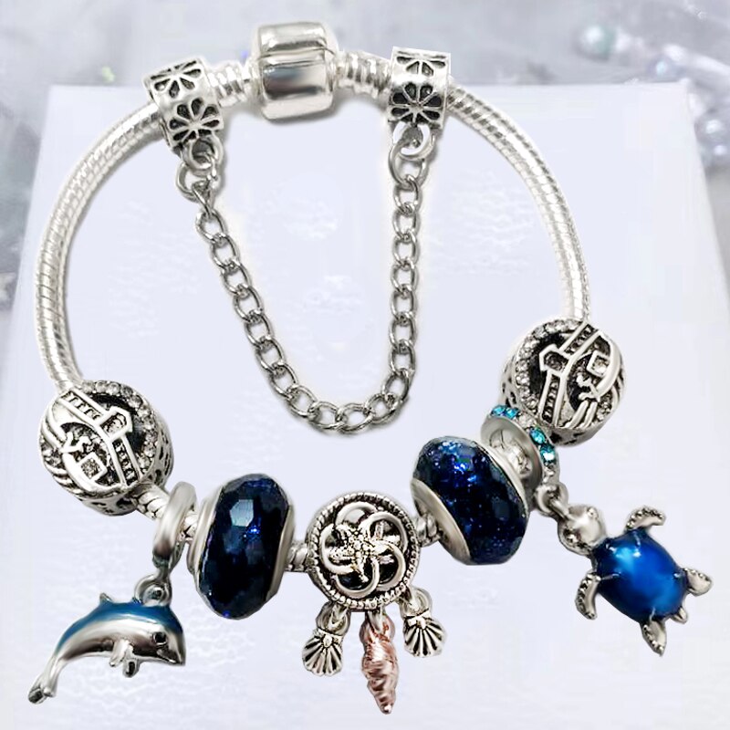 BRACE CODE Unicorn Charm Silver-plated Snake Bone Chain, Boy And Girl Bracelet Beaded Pendant , Brand Bracelet: Blue Bright City / 21cm