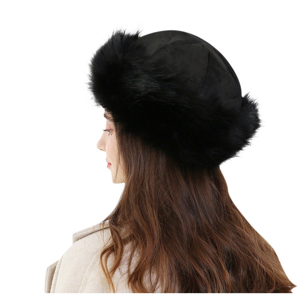 Winter Faux Fur Hats Women Winter Mongolian Russian Outdoor Hat Solid Thick Warm Solid Earmuffs Woollen Hat: Black