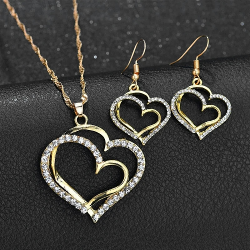 3 Pcs Set Heart Shaped Jewelry Set Of Earrings Pendant Necklace For Women Exquisite Rhinestone Double Heart Jewelry Set