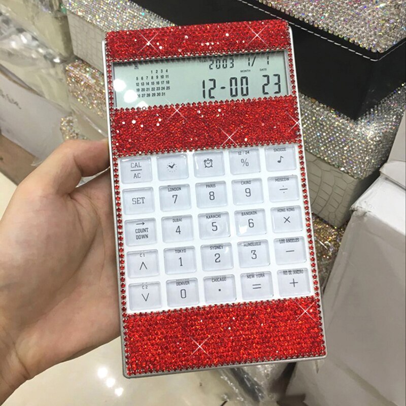8 Digits Crystal Office Calculator with Calendar Time Alarm Clock for Fashionable Desk Decorative Calculator, Office, Home