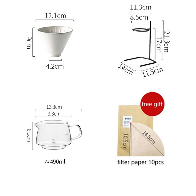 Håndbrygget kaffefiltersæt med  v60 pour over glas kaffekande kaffe elkedel kande drypper stand kaffemaskine sæt: 1 sæt flad hvid
