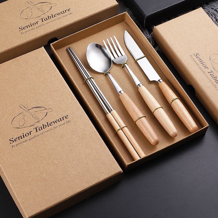 Tableware Stainless Steel Fork Spoon Chopsticks Cutlery Wood Handle Flatware Kitchen Utensils Dinnerware Set 2/3/4Pcs/set: Style A