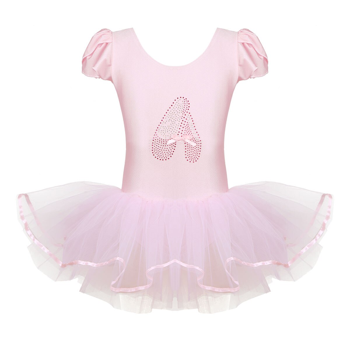 Kids Girls Pink Ruffled Cap Sleeves Sequined Ballerina Shoe Pattern Ballet Dance Gymnastics Leotard Tutu Mesh Dance Dress Briefs: Light Pink / XL