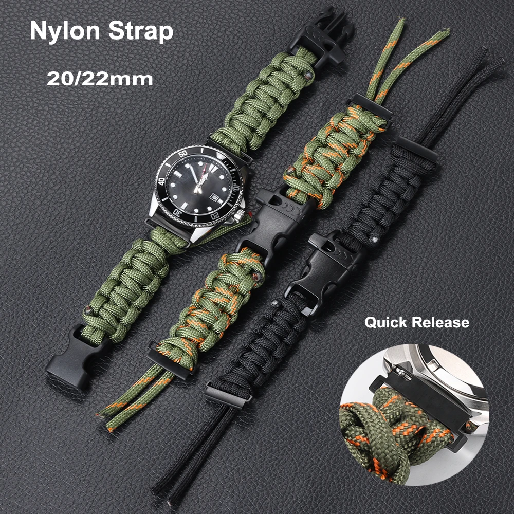 Geflochtenes Nylon-Uhrenarmband, 20 mm, 22 mm, verstellbares Armbinde, Regenschirmseil, Ersatzarmband, Sport, Herren-Armbinde-Zubehör