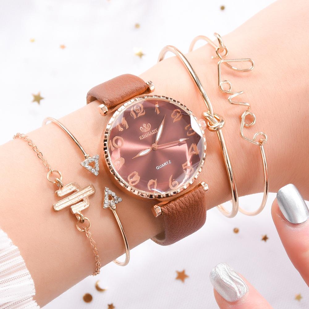 Montre Dame Lederen Band Quartz Horloge Mode Vrouwen Armband Armband Horloge Vijf Delige Set Persoonlijkheid Dameshorloge