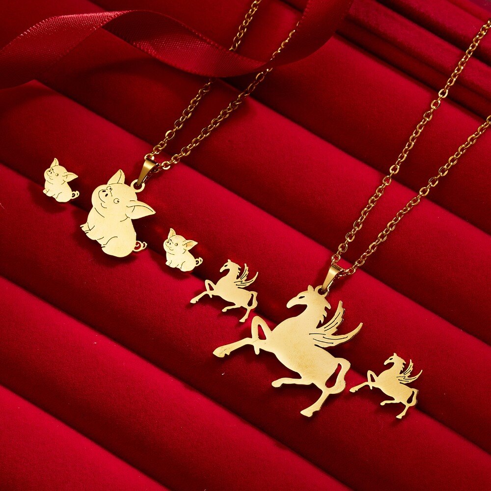 Rinhoo Cute Cat Pig Horse Gold Color Stainless Steel Sets Pineapple Heart Deer Necklace Earrings Jewelry Set Wedding Jewelry