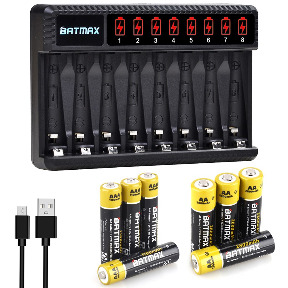 1.2v nimh aa batteri aa aaa oppladbart batteri  + 8- spor lader til lommelykter, fjernkontroller, lekebatteri: 4 stk aa aaa sett