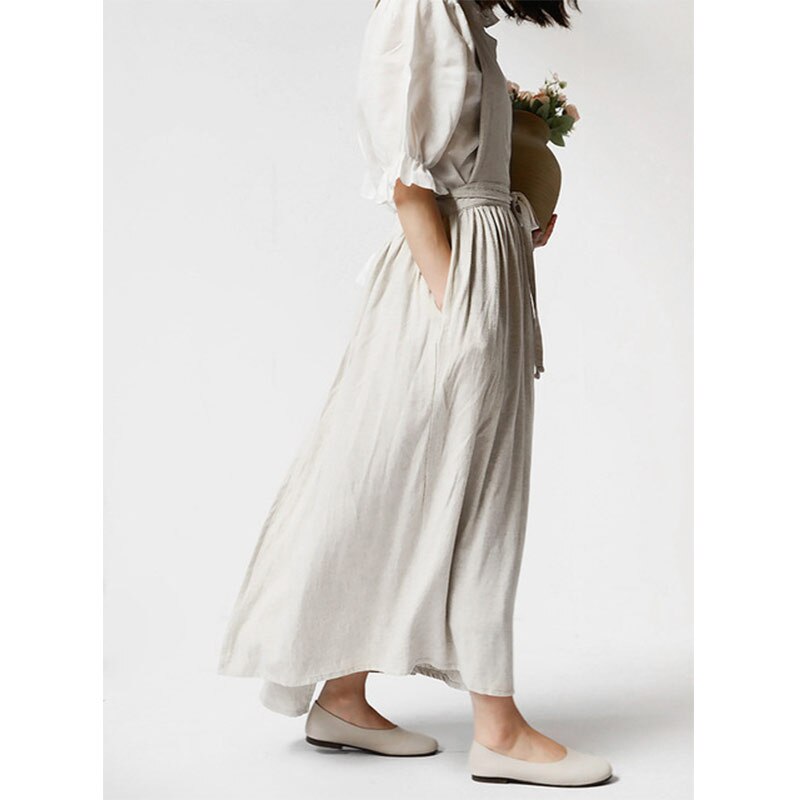 Japanese Apron Pinafore Dress Korean Work Gown Apricot with Long Waist Tie for Women Kitchen Cooking Baking Robe TJ3648: Beige