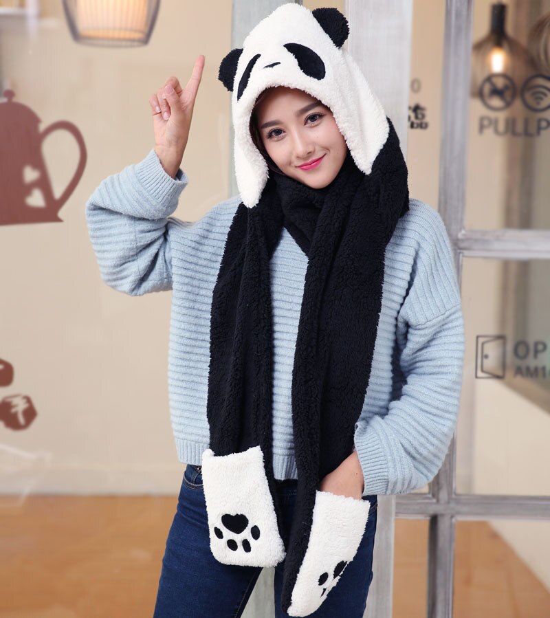 Koreaanse Stijl Herfst & Winter Double Layer Dikke Warm Een Stuk Leuke Panda Muts Sjaal Handschoenen Drie-delige Set