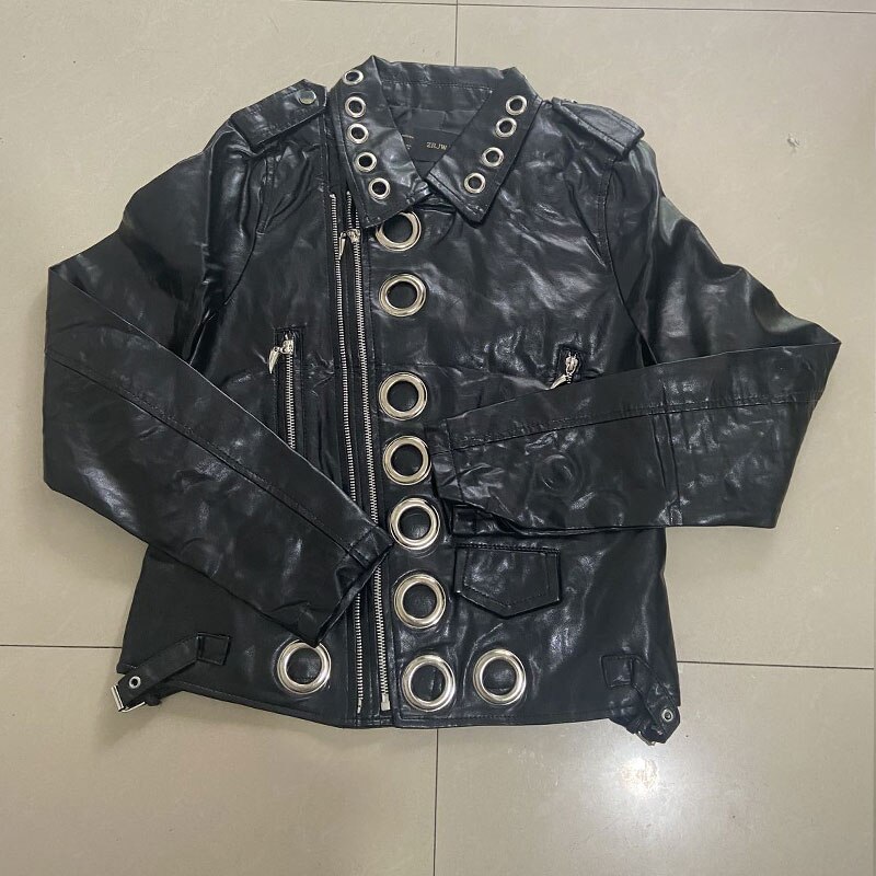 Chaqueta de cuero de las mujeres de Otoño de nueva desenfadada de la PU de cuero de las mujeres chaqueta Casual ropa informal suelta de Metal agujero mujer chaqueta