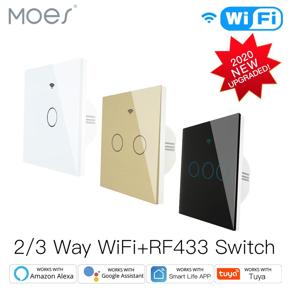 Upgraded WiFi Smart RF433 Touch Switch 2/3 Way Smart Life/Tuya App Control,Alexa Google Home Voice Control 1/2/3 Gang