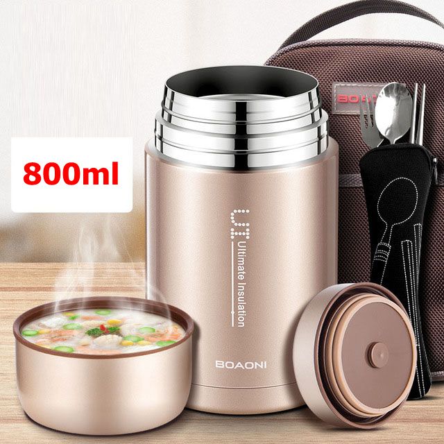 BOAONI 800ml/1000ml Food Thermal Jar Vacuum Insulated Soup Thermos Containers 316 Stainless Steel Lunch Box with Folding Spoon: gold 800ml
