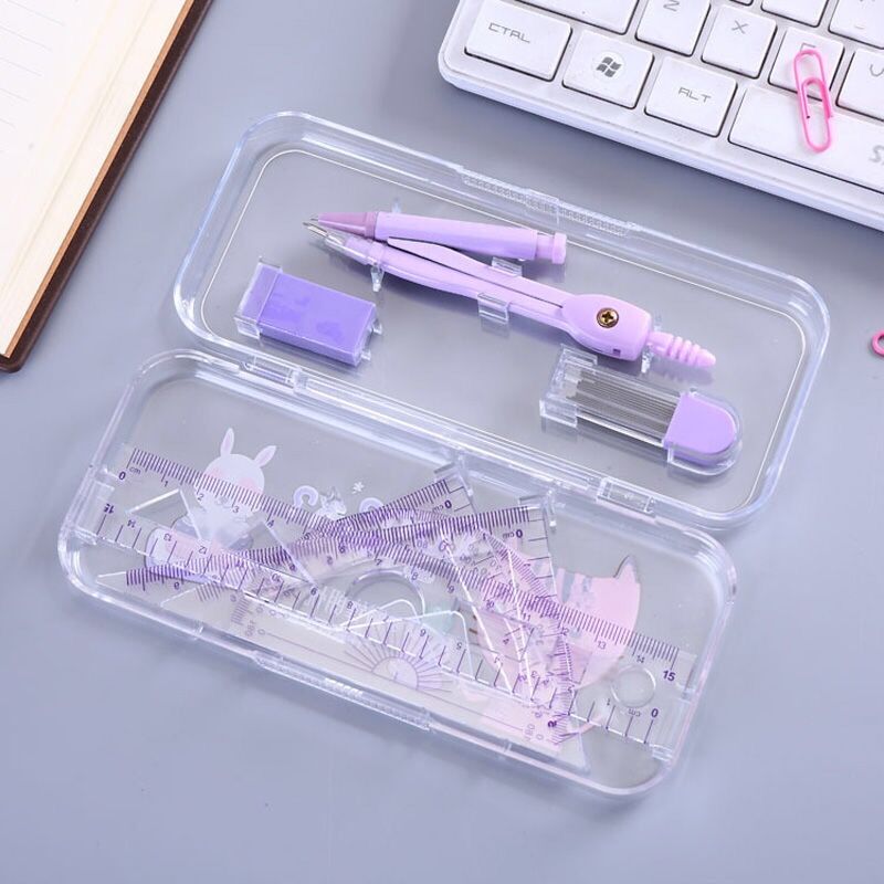 1 sets 15-20cm Plastic Transparent Straight Rulers Grid Ruler Protractor Stationery Set for Kids Students School Supplies: PURPLE