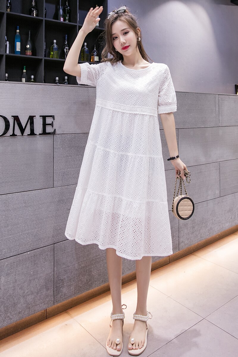 1730# Summer Chic Ins Cotton Lace Maternity Long Dress Hollow Out White Clothes for Pregnant Women Pregnancy Dress