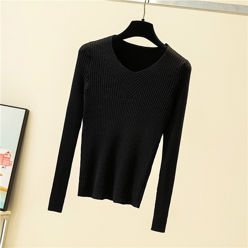 Herfst winter truien dames chique v-hals slanke trui dames gebreide truien lange mouwen warme basic zwarte tops