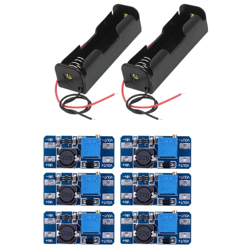 2Pcs Black 18650 Flat Tip Batteries Battery Holder Case With Wire Leads & 6Pcs MT3608 DC 2A Step Up Power Booster Module: Default Title