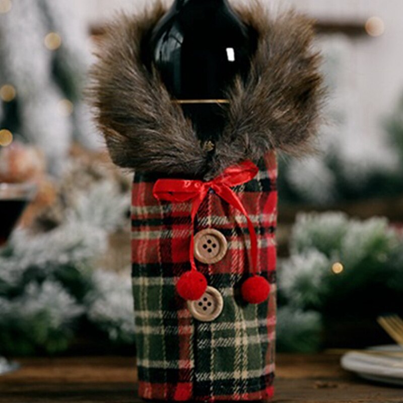 6 Stuks Kerst Trui Wijnfles Covers Plaid Wijnfles Kleren Linnen Wijnfles Jurk Met Faux Bontkraag