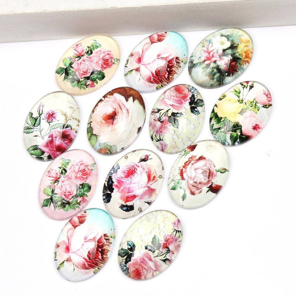 Reidgaller 20 pcs ovale cabochon glas 18x25mm gemengde rose bloem foto patroon diy handgemaakte hanger oorbellen cabochons