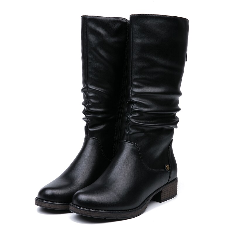 Aimeigao winter geplooide hoge laarzen dames warme halfhoge pu sneeuwschoenen dames korte pluche ronde neus rits laarzen dames zwart: 6.5