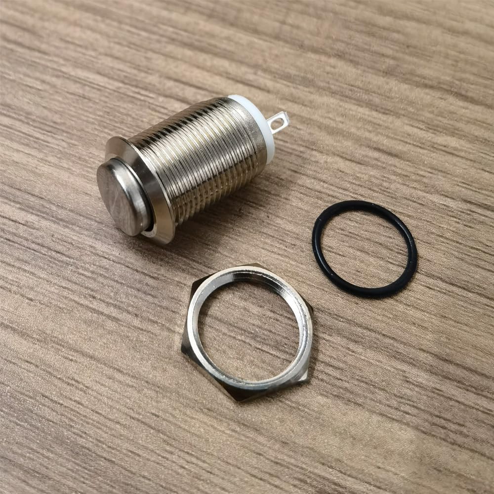 6 Stück 12 mm Momentan-Drucktastenschalter, 12 V, wasserdicht, Energie-Drucktaster, klein, rund, verchromt, rostfrei, Metall, 2-polig, N/O