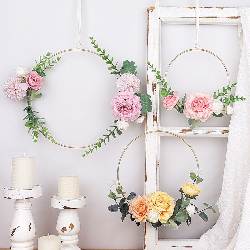 20-30cm Iron Rope Gold Metal Ring Wreath Garland Flowers Wedding Bride Flowers Wreath Handmade Wall Hanging Garland Decoration