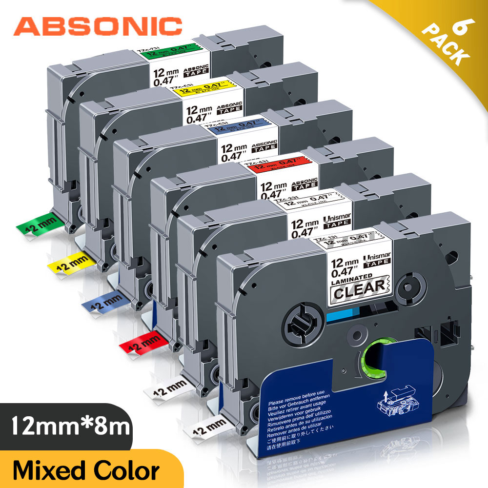 Absonic 6Stck 12mm TZe131 TZe231 TZe431 TZe531 TZe631 TZe731 Lableing Bänder für Bruder P-berühren PT-D210 PT-H110 PT-D600 Drucker