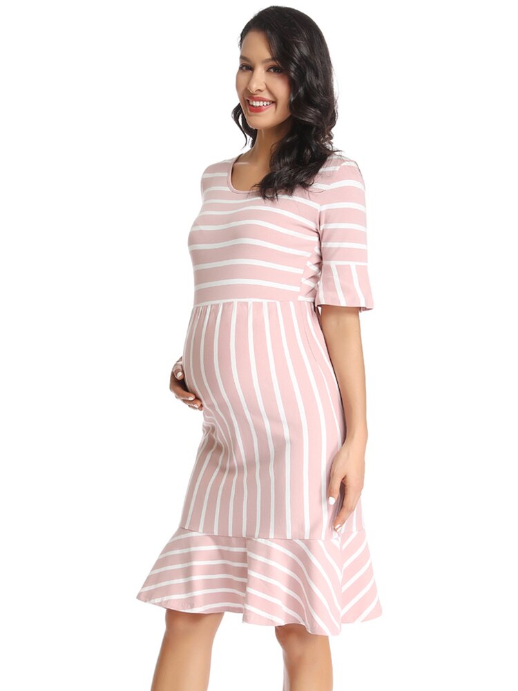 Flæser barsel kjole gravid tøj stribet flare ærme høj talje havfrue baby shower graviditet kjoler dametøj: M