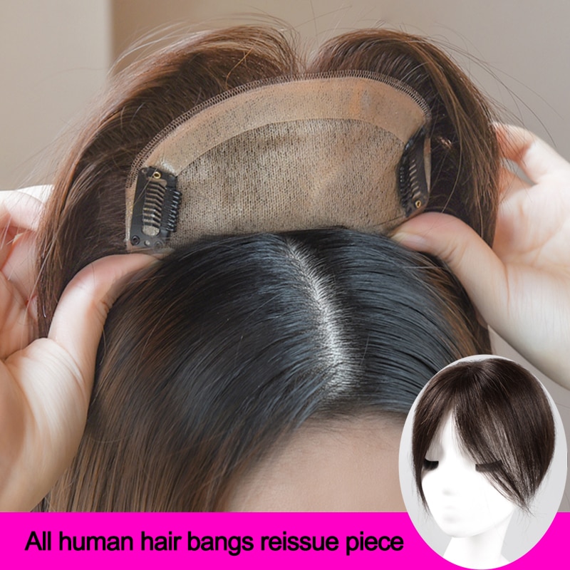 Tupé de mujer con flequillo de parte media cabello sintético liso Artificial tejido a mano, postizo de pelo Natural