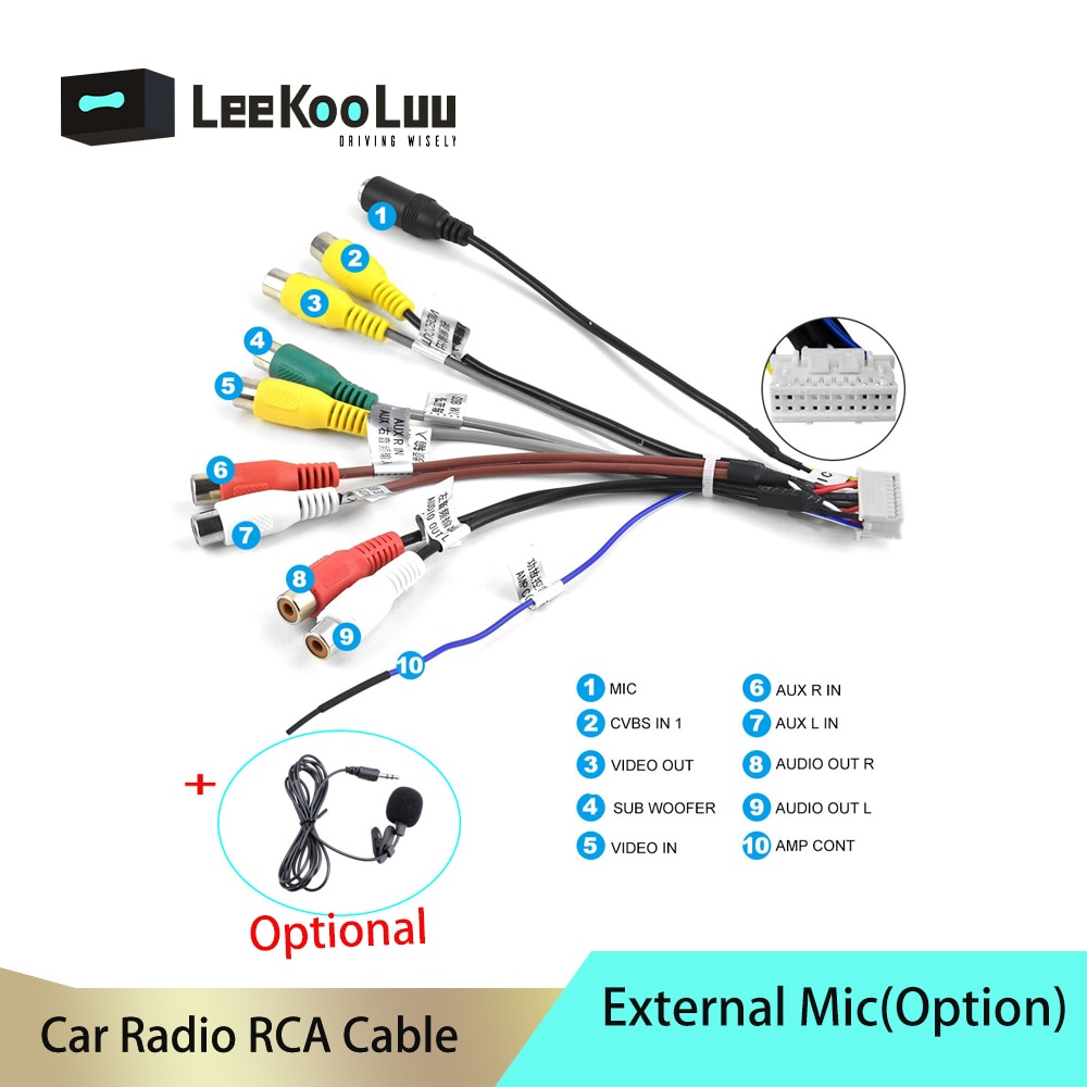 Leekooluu Android radio Car RCA Output Wire External microphone Adapter universal cable For 2 din Car Radio RCA Output