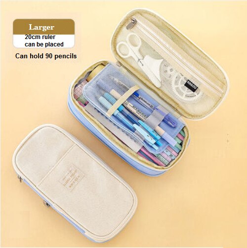 Simple pencil case high capacity primary and students pencil case stationery case: Blue Beige Larger