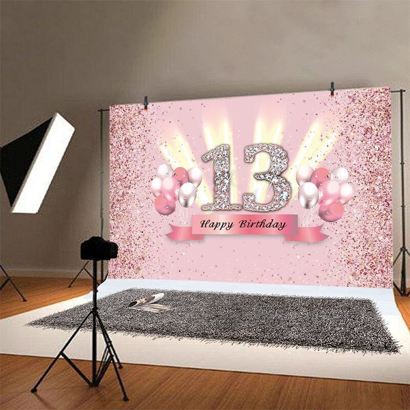 Zoete 13th Achtergrond Roze Ballon Rose Gold Glitter Lady Gelukkige Verjaardag Party Fotografie Achtergrond Foto Studio Banner