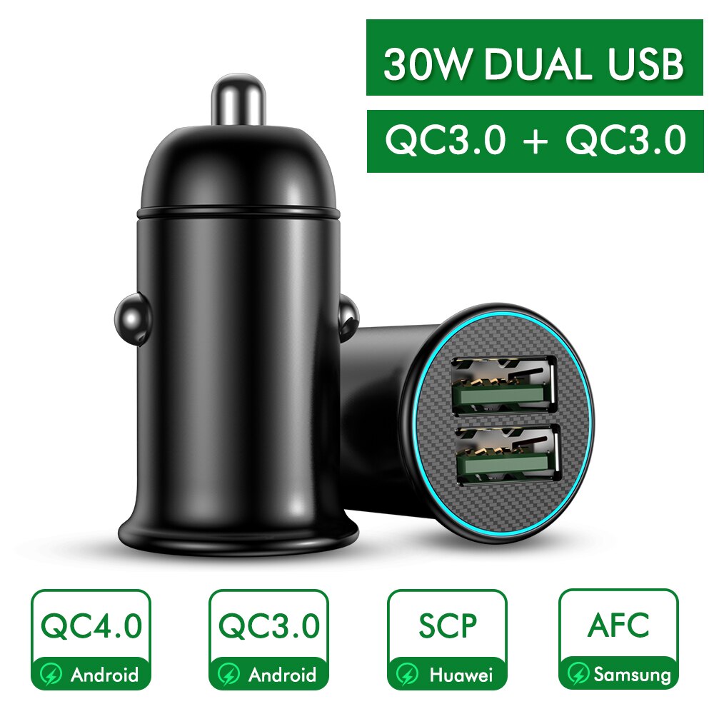 YKZ Car Charger PD 30W Mini Full Metal Dual QC3.0 4.0 USB Car Charger Type C Quick Charge For iPhone Samsung Huawei Mobile Phone: DUAL USB 30W black