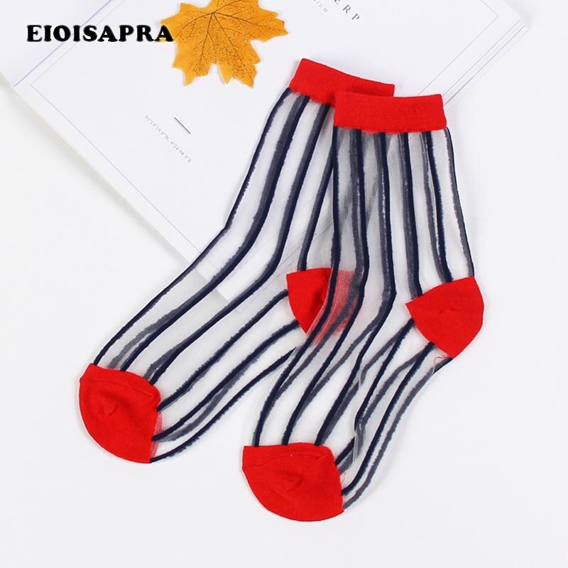 [eioisapra]transparent kristall siden dam elastiska randiga strumpor vår sommar produkt absorberar svett andas meias sox