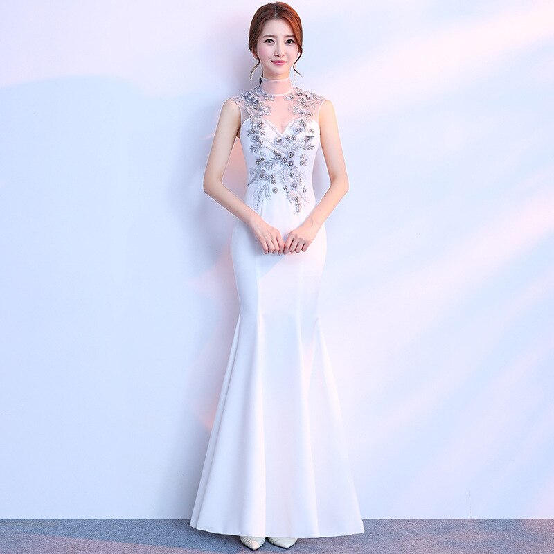Qipao – robe Qipao à paillettes, style sirène, Cheongsam, robes de mariage orientale, robes de soirée, taille 3XL, blanc
