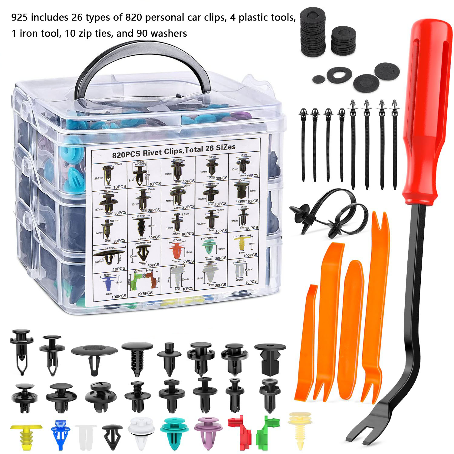 925 st  -100 st bilklämmor kit stötfångarnitar fästelement bil tryckstiftshållare dekorsats stötfångar dörrbeklädnad panelklämmor reparation: Orange