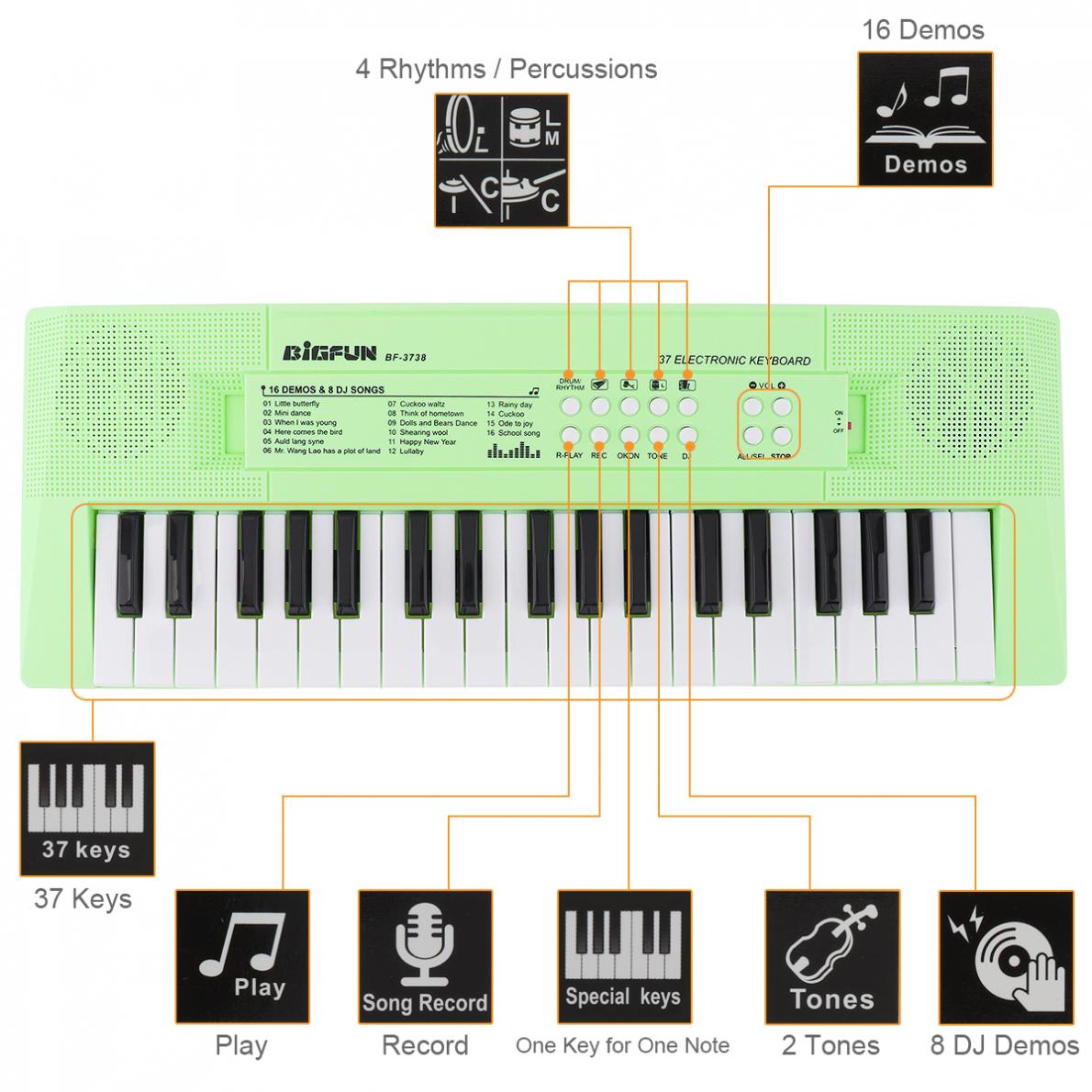 Electronic Organ 37 Keys Electronic Keyboard Piano Digital Music Key Board with Microphone Children Musical Enlightenment