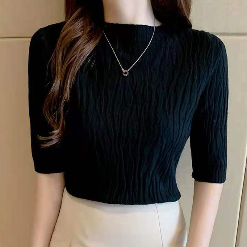 Forår sommer koreansk ensfarvet sweater kvinder kortærmede toppe pull femme afslappet slank kvindelig pullover strikket tøj: Sort
