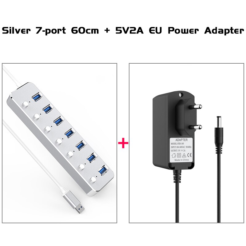 Aluminium 7-Port Usb 3.0 Hub 60/120Cm Kabel Sub-Schakelaar 5Gbps Led Indicator hub Oplaadbare Splitter Voor Multi Usb Apparaten: Silver 60cm EU