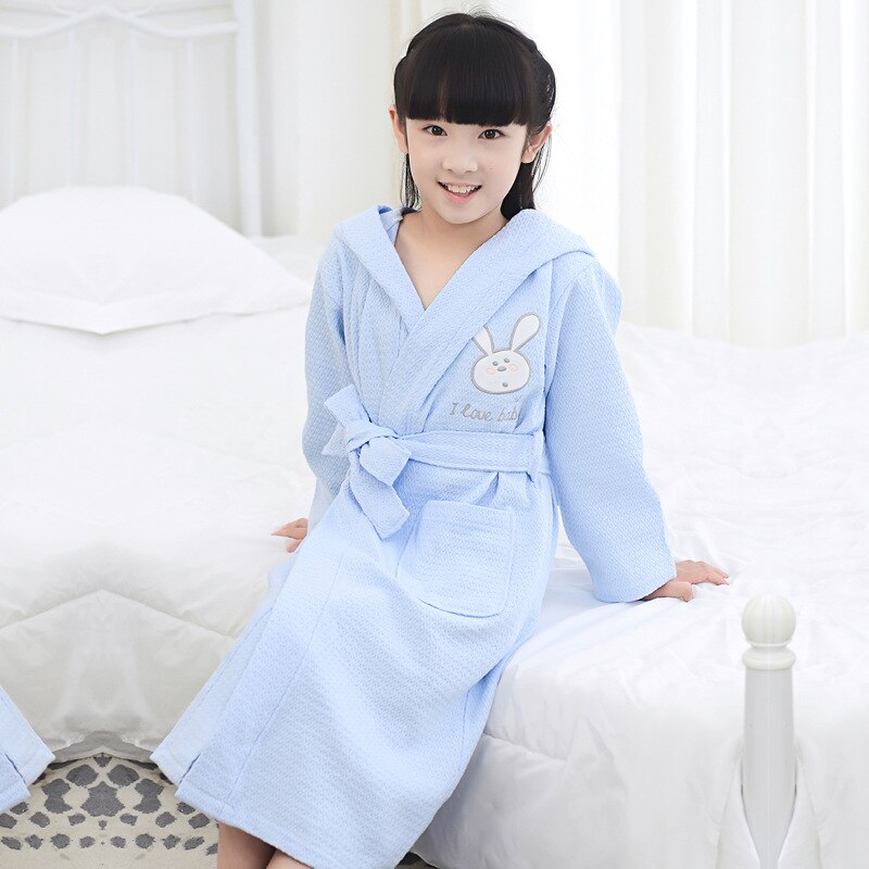 4 Color Girl Summer Cotton Bathrobe Waffle Hooded Children Robe Boys Dressing Gown Kids Roupao After Spa Bath Swimming L173