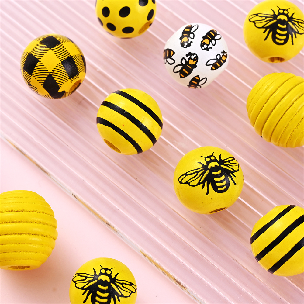 Ensemble de perles décoratives peintes en jaune, jolies perles en bois, perles d'espacement rondes, guirxiété de bricolage, décor de fête exécutif, 10 pièces