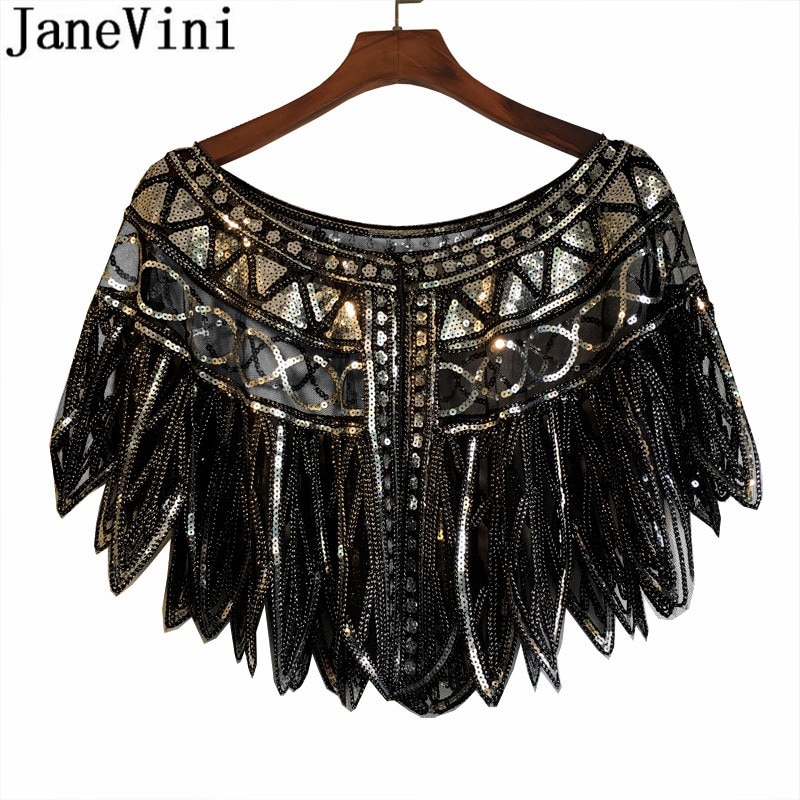 JaneVini, capa de lentejuelas ostentosas y ostentosas para mujer, estolas nupciales con cuentas para boda, chaqueta negra dorada, vestido de noche para , Boleros, tapetes
