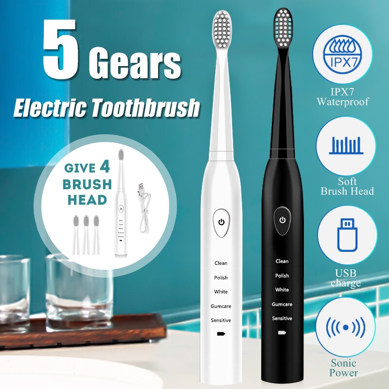 Ultrasone Elektrische Tandenborstel Volwassen Timer Borstel Usb Charge Soft Tand Borstels Met 4 Stuks Vervanging Hoofd 5 Trillingen Modus