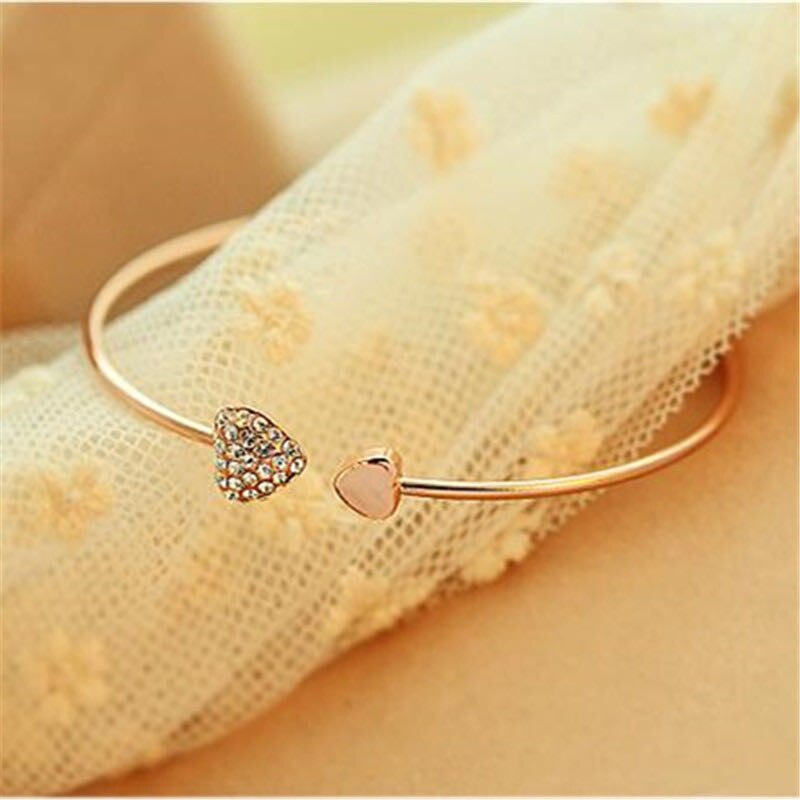 Shiny Adjustable Crystal Double Heart Bow Cuff Opening Bracelet For Women Jewelry