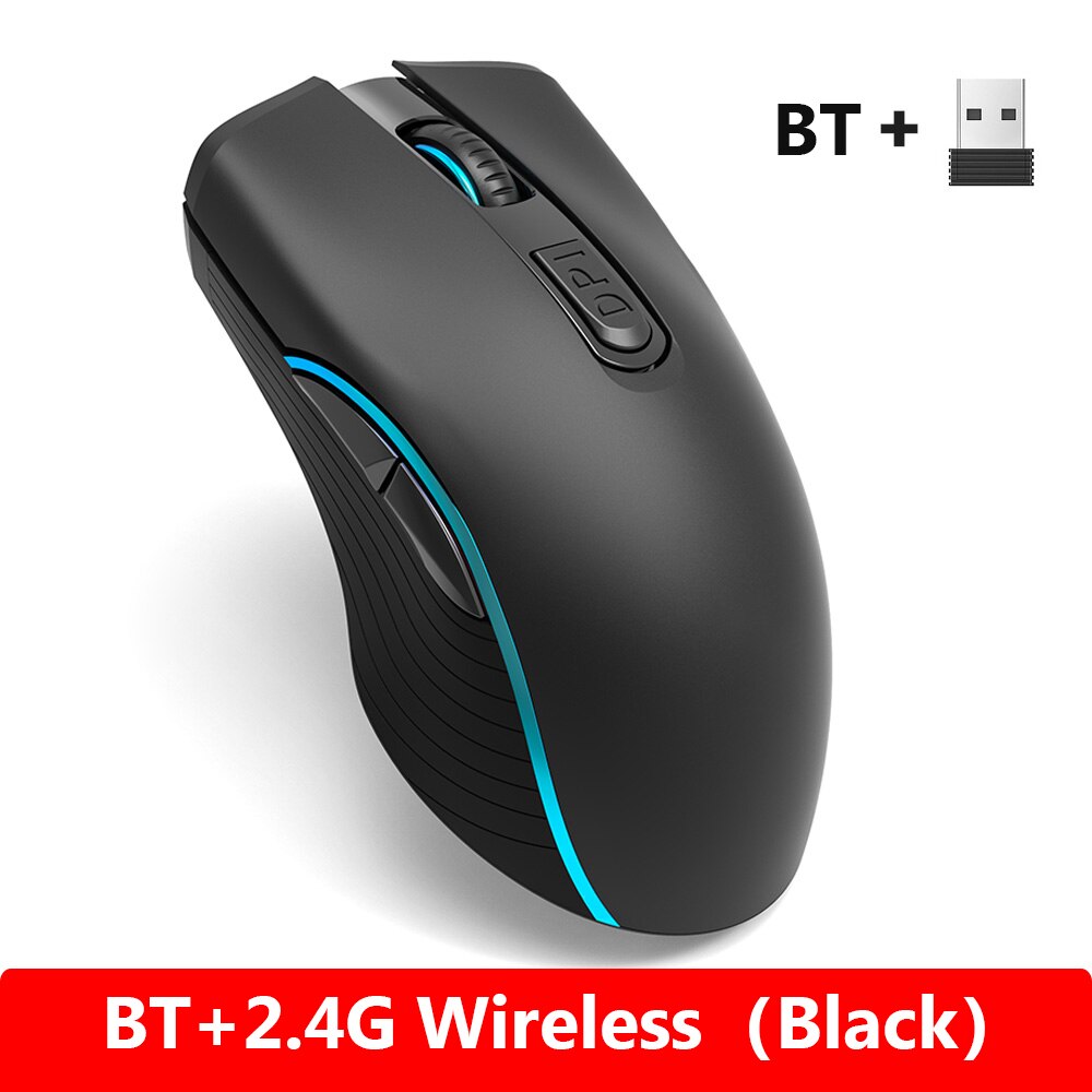 2.4G Bluetooth-compatible Wireless Mouse Rechargeable Silent Gaming Mouse For Macbook HP LED light Mice Computer PC Gamer Mouse: Black with BT