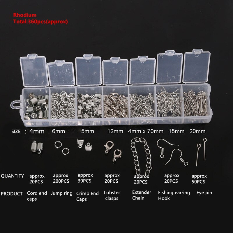 Gold/Silver Jewelry Accessories Kit (Open Jump Ring, Eye Pins, Lobster Clasp, Hooks, Ends Fastener Clasp,s Extend Chain) HK069: Rhodium plated kit