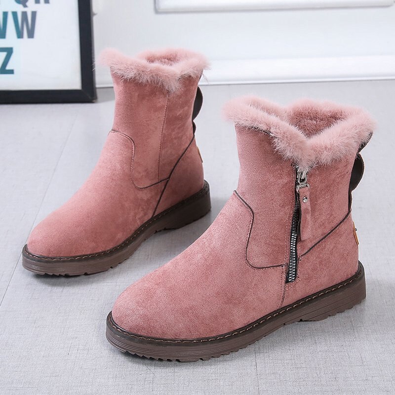 Femmes neige bottes fausse fourrure couture dames chaussures épais fond fermeture éclair Plus velours femme court hiver: Rose / 6