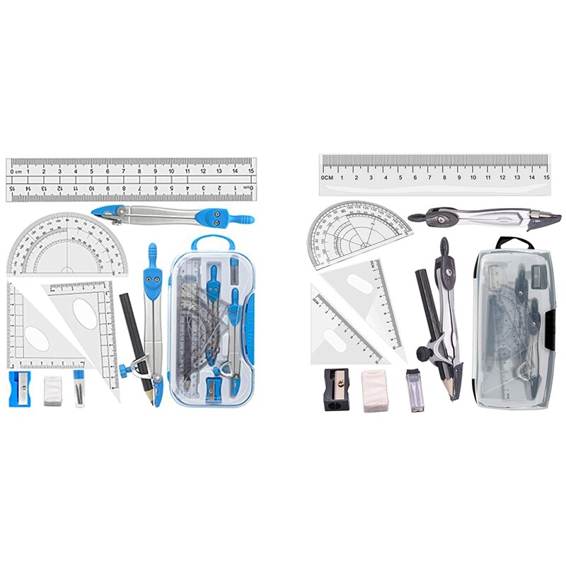 Geometry Compass Set 10Pcs School Maths Protractor Set Rulers for Student Maths and Engineering in Carry Case